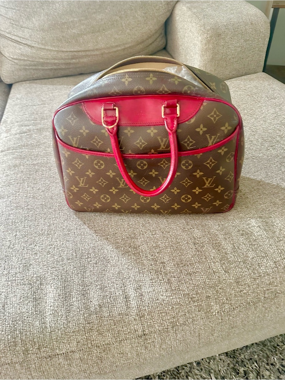 Louis Vuitton Brown Monogram Satchel with Red Trim and Handles